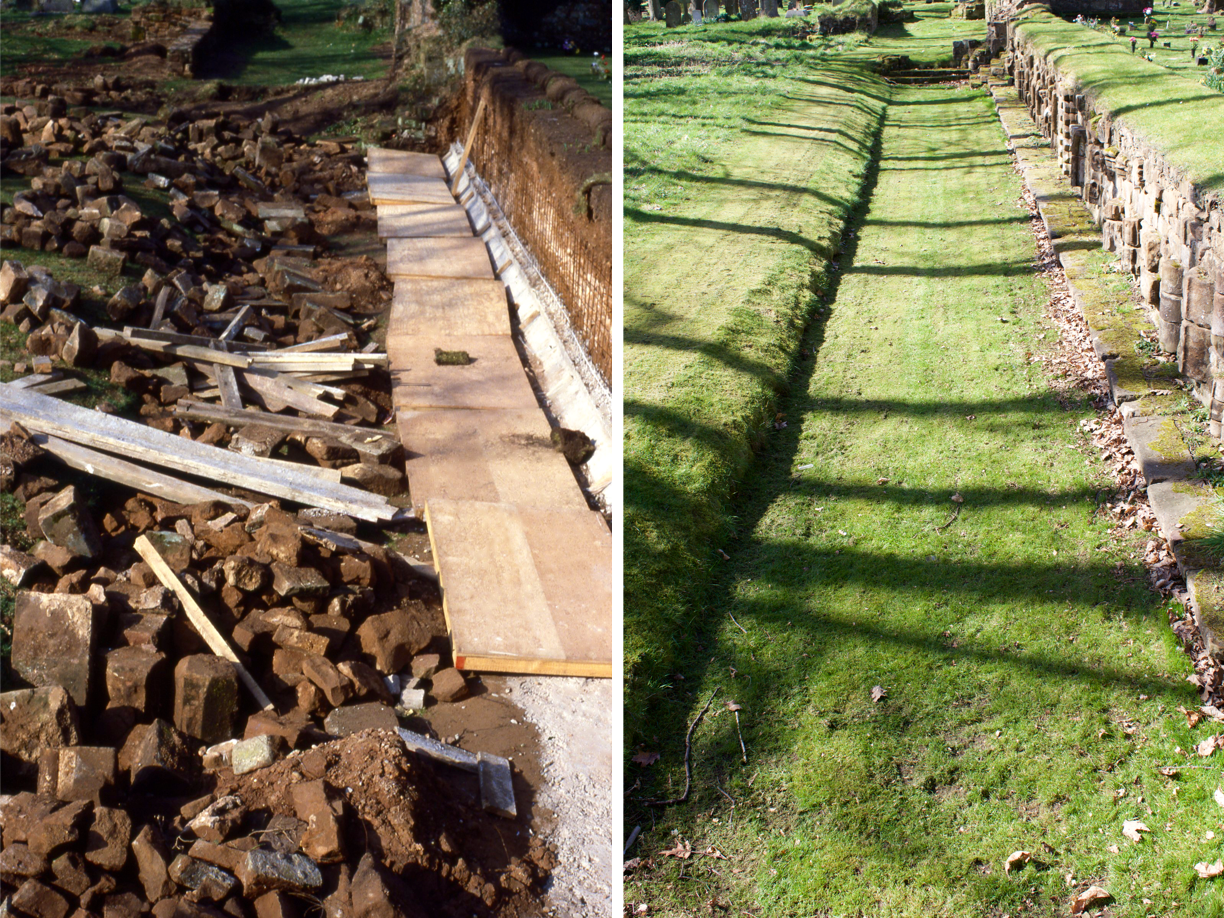 Garden of Rest walls being built from the Abbey stonework - part 4