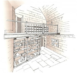 THE INNER CHAMBER, looking south-west, with the new mezzanine platform and shelving against the south wall. Drawing, Jonathan Holland