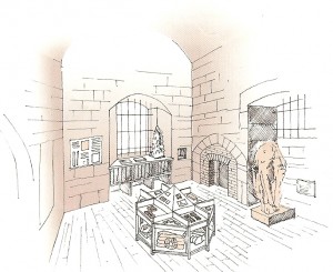 THE OUTER CHAMBER, looking south-west, with the new display unit in the centre. Drawing, Jonathan Holland
